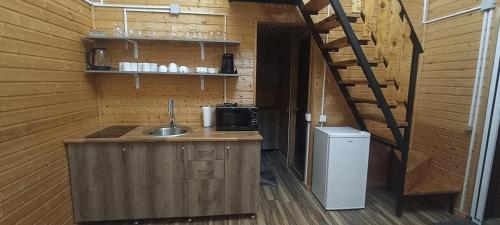 a kitchen with a counter with a microwave and a refrigerator at chemi kera Chalet in Makho