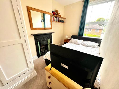 a bedroom with a bed and a fireplace and a mirror at Anita's Home in Kidderminster in Kidderminster