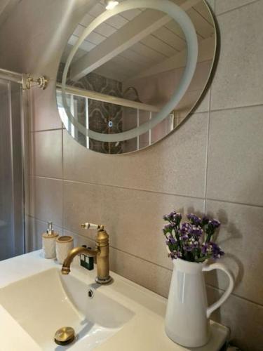 a bathroom sink with a vase of flowers and a mirror at Mountain Breeze Cottage in Makriótika