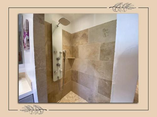a bathroom with a shower with a mirror at Charmant duplex avec tropézienne in Vidauban