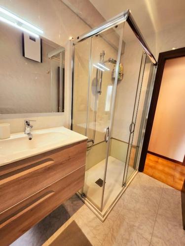 a bathroom with a shower and a sink at Dúplex Rúa Sol - Netflix in Laxe