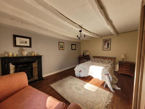 une chambre avec un lit et une cheminée dans l'établissement Les Gites Audrain, à Plussulien
