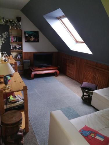 un salon mansardé avec une lucarne et un canapé dans l'établissement Peace Room, à Veigné