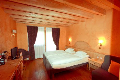a bedroom with a bed and a television in it at Bio Hotel Villa Cecilia in Livigno