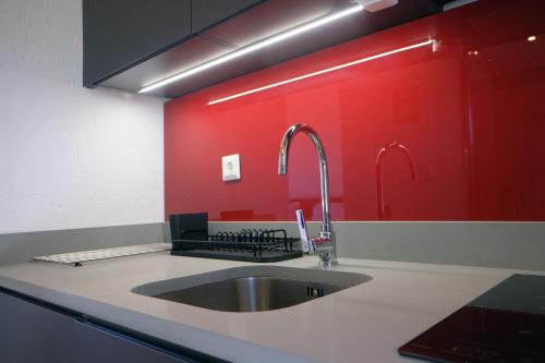 a kitchen with a sink and a red wall at Aeon Retreat in Rovies