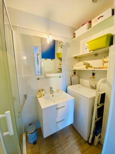 une petite salle de bain avec un lavabo et un miroir dans l'établissement Le central, avec terrasse et parking saint raphael, à Saint-Raphaël