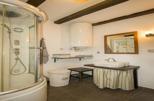 un bagno con doccia e lavandino di Peaceful Villa with Pool & Sauna, La Casa di Kyra a Brajkovići