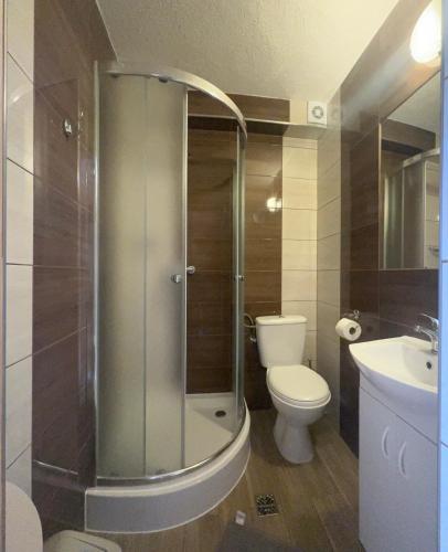 a bathroom with a shower and a toilet and a sink at Wynajem Pokoi Stachon in Poronin