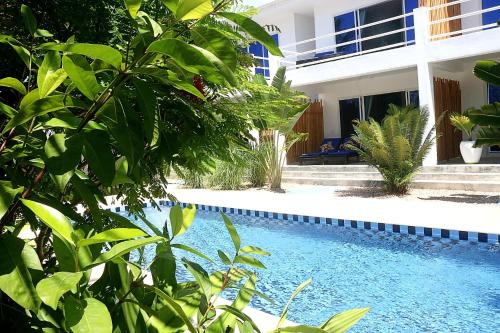 a swimming pool in front of a house at Aurora Boutique Hotel Jambiani in Jambiani