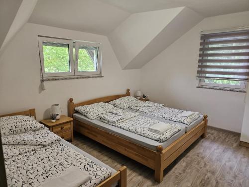 two twin beds in a room with two windows at Villa DIAL Lohovo-dvoslap in Bihać