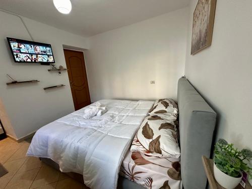 a bed in a room with a bed frame in a bedroom at Krid Tirana Studio Flat in Tirana