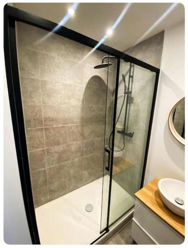 une douche en verre dans une salle de bain avec un lavabo dans l'établissement Le prospère - wifi - central, à Angers