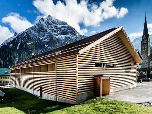 ミッテルベルクにあるalpen select apartments Kleinwalsertalの山を背景にした木造建築