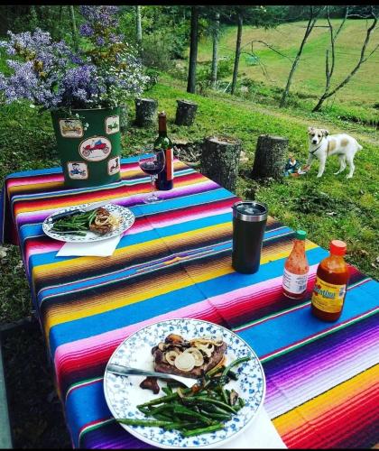 a table with plates of food and a dog in the background at Hidden Cabin on Old Field Creek in Fleetwood