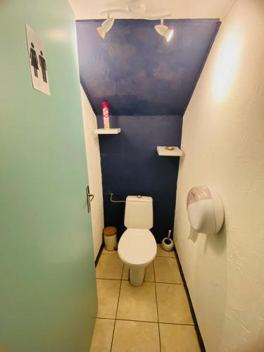 a small bathroom with a toilet and a blue wall at Auberge du Relais d'Auniac - Hôtel Bar Restaurant Piscine in Anglars-Nozac