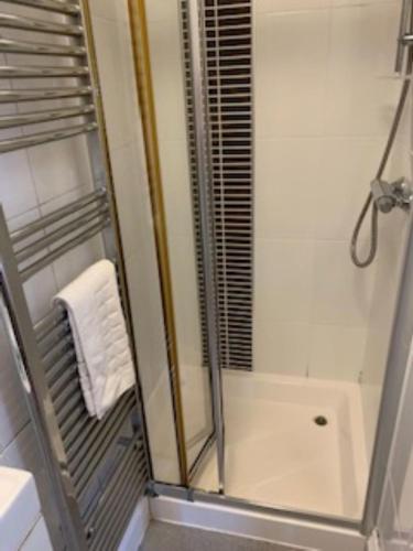 a shower with a glass door in a bathroom at Goodrington Lodge Holiday Apartments in Paignton