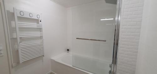 La salle de bains blanche est pourvue d'une douche et d'un miroir. dans l'établissement Grand T2 Le Bohème, à Perpignan