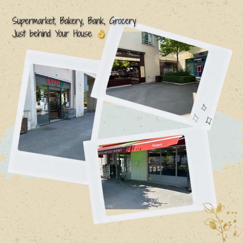 un collage de trois images d'un magasin dans l'établissement LE DUPLEX CHESSY - 15min From Disneyland - 2 Private Parkings - Garden - KingSize & QueenSize Bed - SuperMarket behind the house, à Chessy