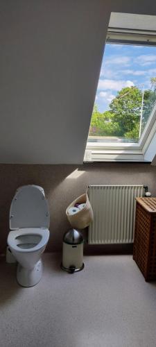 baño con aseo y ventana grande en Værelse med egen stue en Horsens