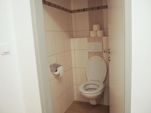 a small bathroom with a toilet and a roll of toilet paper at Ferienwohnung Wiesheim in Bad Hofgastein