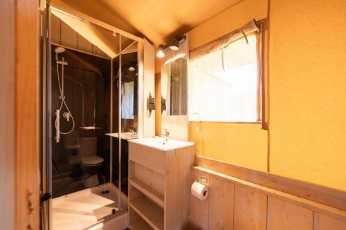 a bathroom with a sink and a glass shower at Glamping de Schatberg in Sevenum