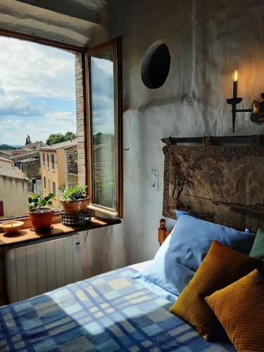 une chambre avec un lit et une grande fenêtre dans l'établissement Gîte Dűrer, à Fanjeaux