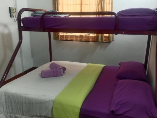 波德申PD Bayu Beach Resort Private Service Apartment的一间卧室，有两张紫色和绿色的双层床