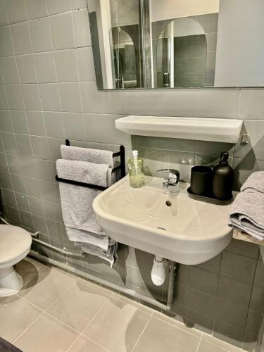 La salle de bains est pourvue d'un lavabo, de toilettes et de serviettes. dans l'établissement Studio au calme à 2 pas de tout, à Marseille