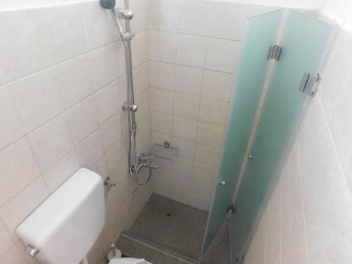 a bathroom with a toilet and a shower stall at BollasStudios in Plitra