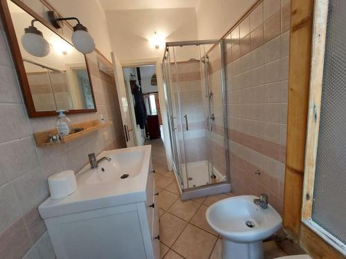 a bathroom with a sink and a shower and a toilet at Casa Immersa nella Campagna in Aggius