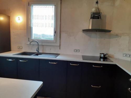 une cuisine avec des armoires bleues, un évier et une fenêtre dans l'établissement Chambres chez l habitant, à Langrolay