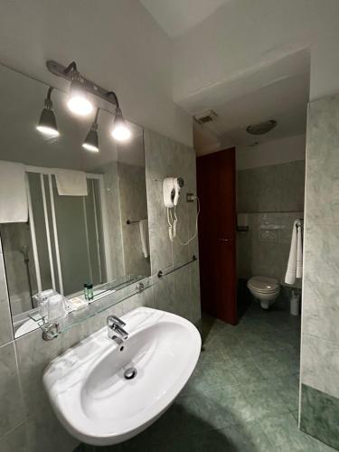 a bathroom with a sink and a mirror and a toilet at Hotel Ferrucci in Turin