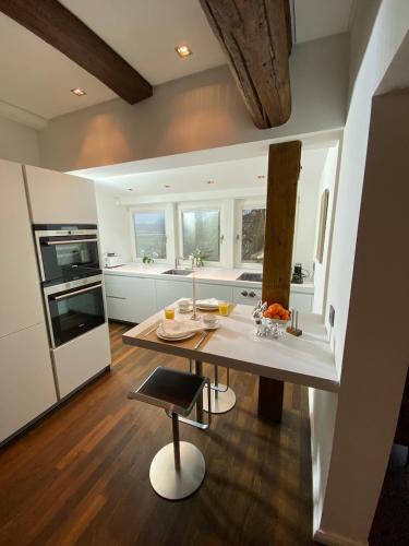 a large kitchen with a table and a counter top at SCHLOSSRESIDENZ - Boutique Apartments & Hotel Suiten in Schloß Ricklingen