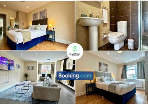 a collage of three pictures of a hotel room at Modern 2 Bed 2 Bath Apartment Free Parking in Watford