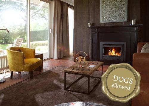 a living room with a fireplace and a chair and a table at Landgoed De Holtweijde in Lattrop