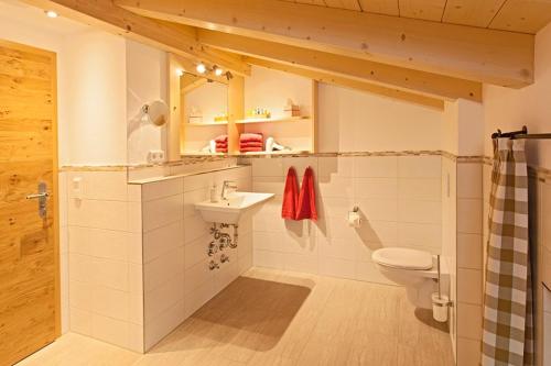 ein Badezimmer mit Toilette und Waschbecken in der Unterkunft Thaurerhof Urlaub auf dem Bauernhof in Bernau am Chiemsee