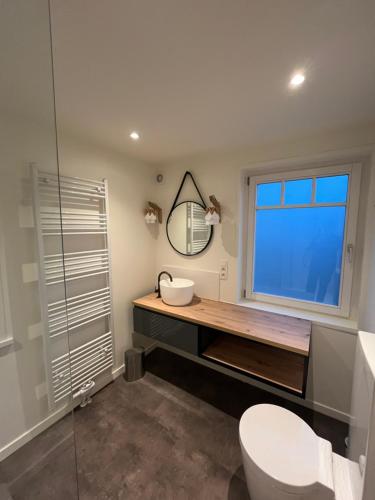 a bathroom with a sink and a toilet and a mirror at Table Rase in Theux