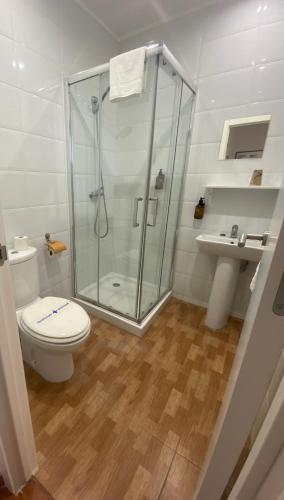 a bathroom with a shower and a toilet and a sink at Hotel Doña Matilde in Estepona