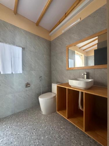 uma casa de banho com um lavatório, um WC e um espelho. em Blue Coral Thoddoo em Thoddoo