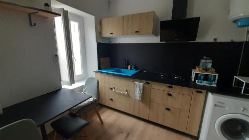 une cuisine avec un évier et une machine à laver dans l'établissement studios Magnan, à Nice