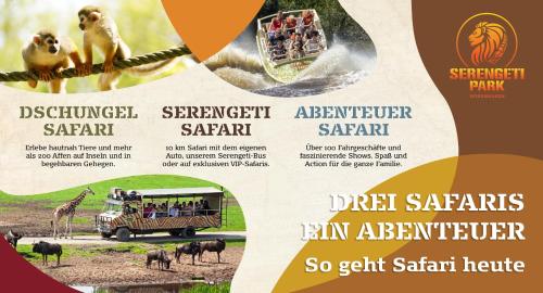um folheto para um safari com animais e um autocarro em Serengeti Park Resort em Hodenhagen