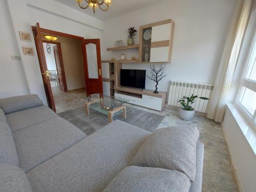 a living room with two couches and a television at Bahia de Ezaro, Costa da Morte in Dumbría