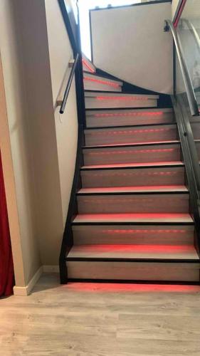 a stairway with red and black carpeting and a stair case at Villa a Hovås con molti comfort in Hovås