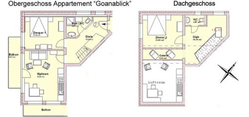 a floor plan and elevation of the apartments apartment paradiso at Appartementhaus Sonnleitn in Kals am Großglockner