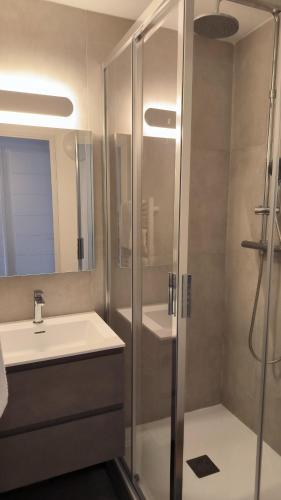 une salle de bain avec douche et lavabo dans l'établissement Résidence Pierre et Vacance 631, à Cannes