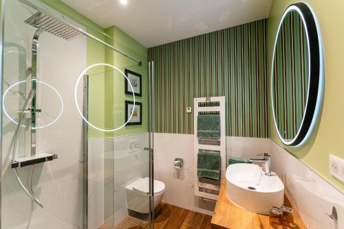 a bathroom with a sink and a shower and a toilet at Villa Magnolia Wissembourg in Wissembourg
