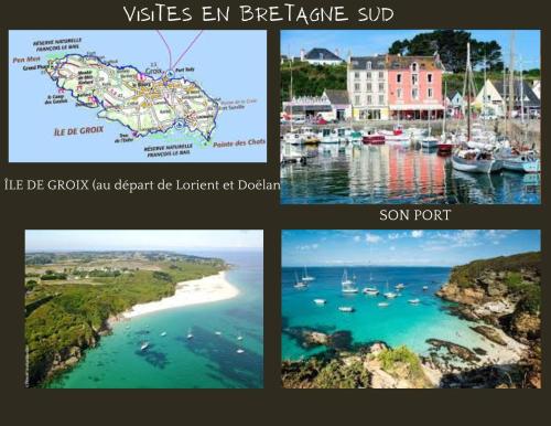 a collage of photos of a harbor with boats in the water at Horizon, vue mer, piscine chauffée in Guidel