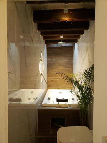 a bathroom with a tub and a toilet and a sink at La Pajarera prime location in San Miguel in San Miguel de Allende