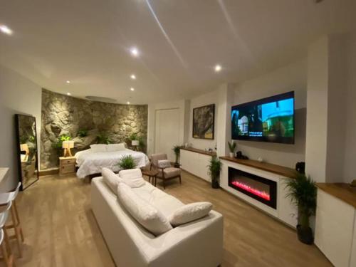 a large living room with a bed and a tv at Comfortable loft and great location in San Miguel de Allende