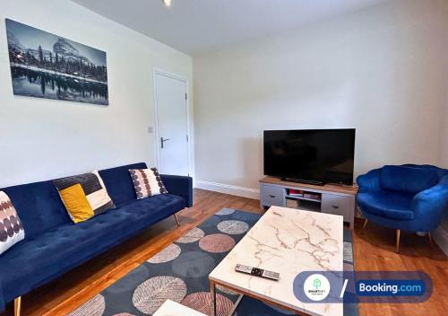 a living room with a blue couch and a flat screen tv at Stylish 1 bedroom flat with free parking in Woking